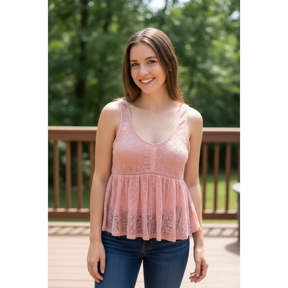 American Rag Cie Tank Top Womens Size L Dusty Pink Floral Lace Peplum babydoll